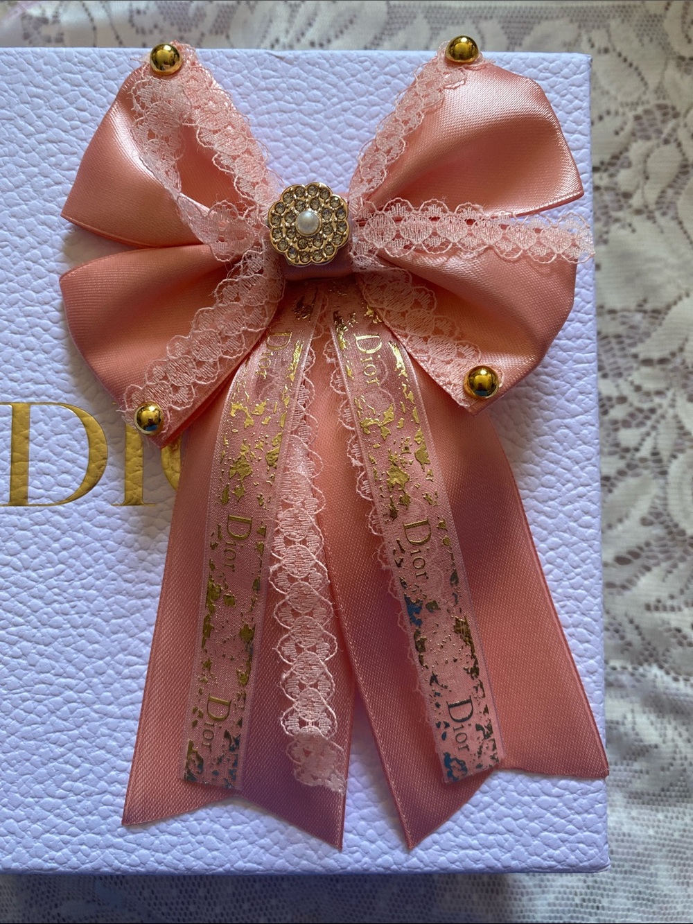 Handmade Dior pink  Satin Lace Bow Brooch with Gold Accents